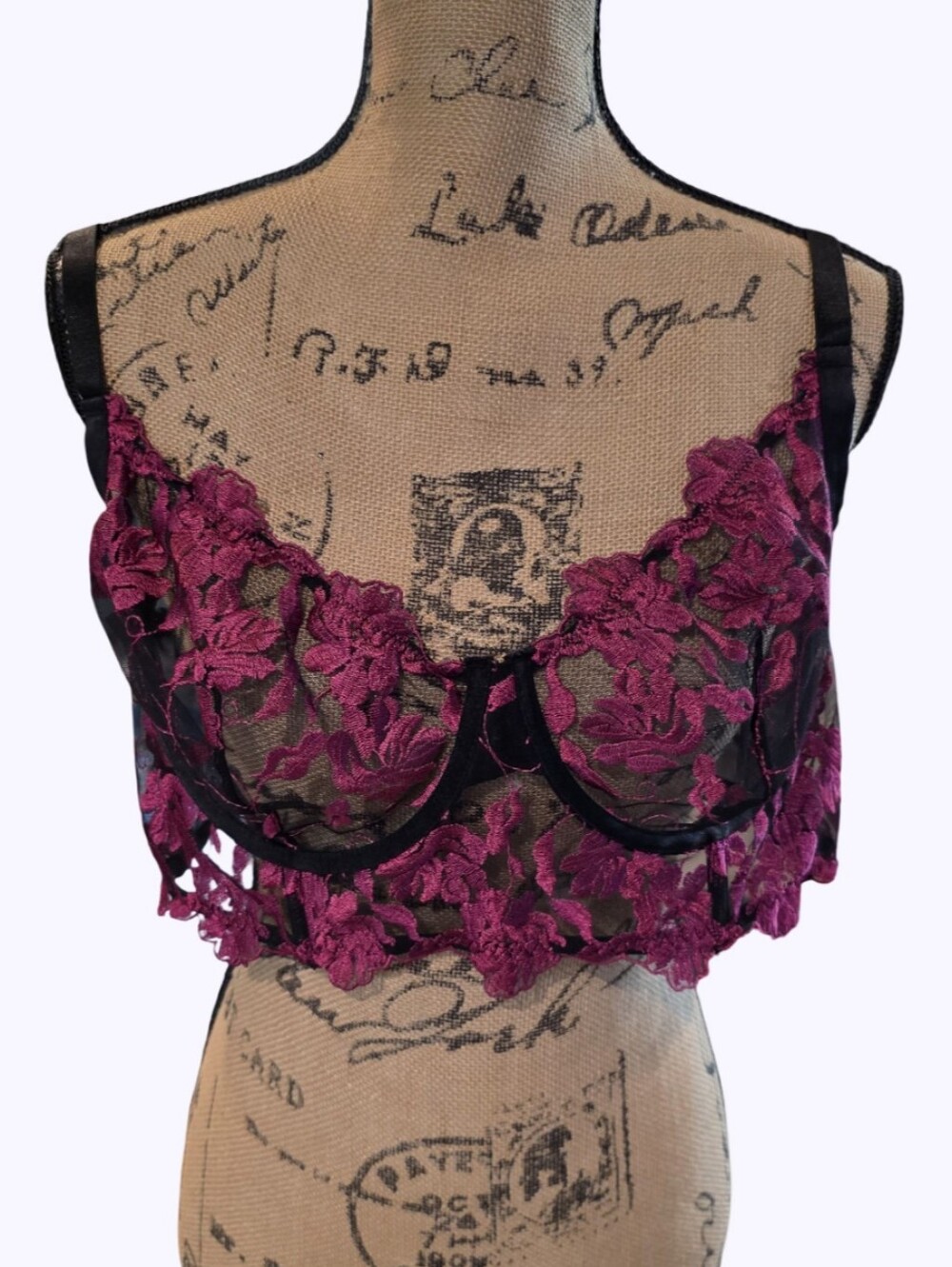 Torrid Curve Navarra Embroidered Mesh Longline Bra Black Wine Purple Plus Size 2